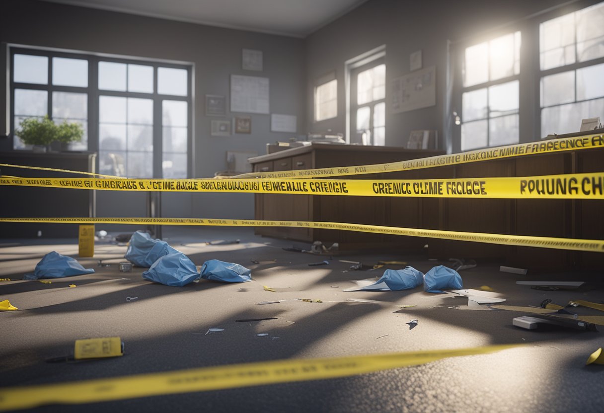 A crime scene with evidence of aggravated results, such as broken objects or injured animals, surrounded by police tape and forensic markers